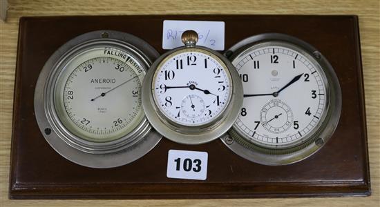 An early 20th century wall mounted eight day timepiece and aneroid barometer, by Benzie of Cowes,